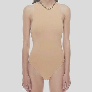 Aritzia Babaton Contour 90's Bodysuit Taupe Tan High Neck Slim Fit Neutral S